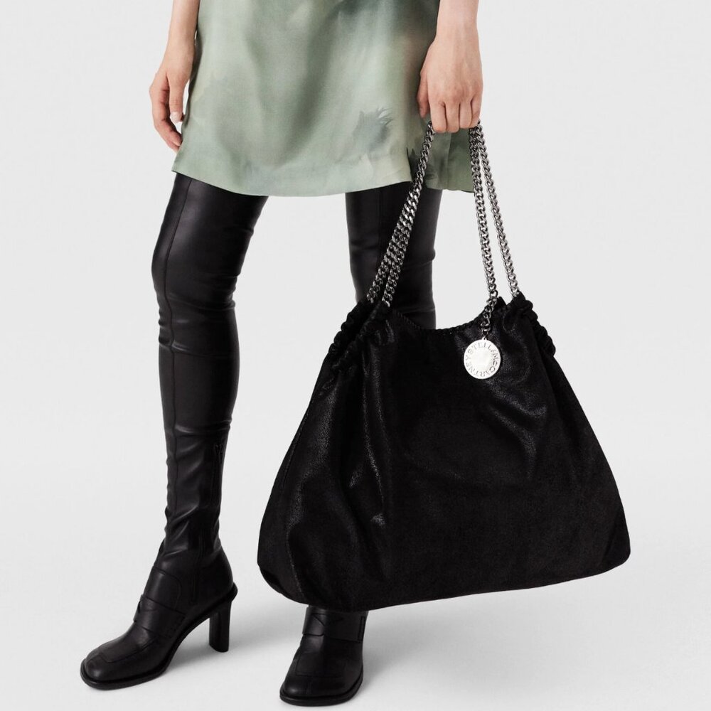 Stella McCartney Falabella Shaggy Deer Drawstring Tote Bag in Black Free Ship